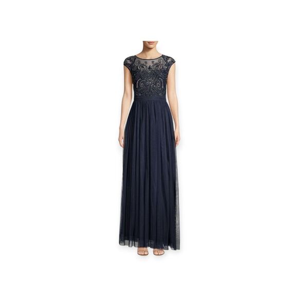 Aidan Mattox Beaded Cap Sleeve Chiffon Maxi Gown Dress Blue Size 10 NWT